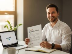 Google Certificates in 2025: Which One Actually Gets You Hired (Real Data) Professional studying Google career certificate on laptop with notebook and coffee, representing online learning and career development in 2025