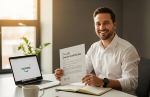 Google Certificates in 2025: Which One Actually Gets You Hired (Real Data) Professional studying Google career certificate on laptop with notebook and coffee, representing online learning and career development in 2025