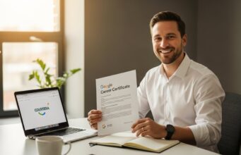 Google Certificates in 2025: Which One Actually Gets You Hired (Real Data) Professional studying Google career certificate on laptop with notebook and coffee, representing online learning and career development in 2025
