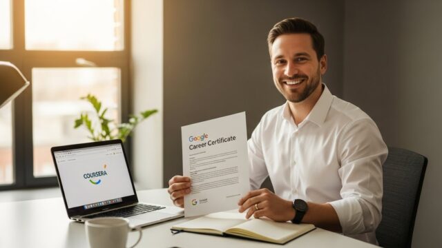 Google certificates, career change, tech certifications, data analytics, IT support, cybersecurity, online learning, job search, entry level tech jobs, professional development Professional studying Google career certificate on laptop with notebook and coffee, representing online learning and career development in 2025